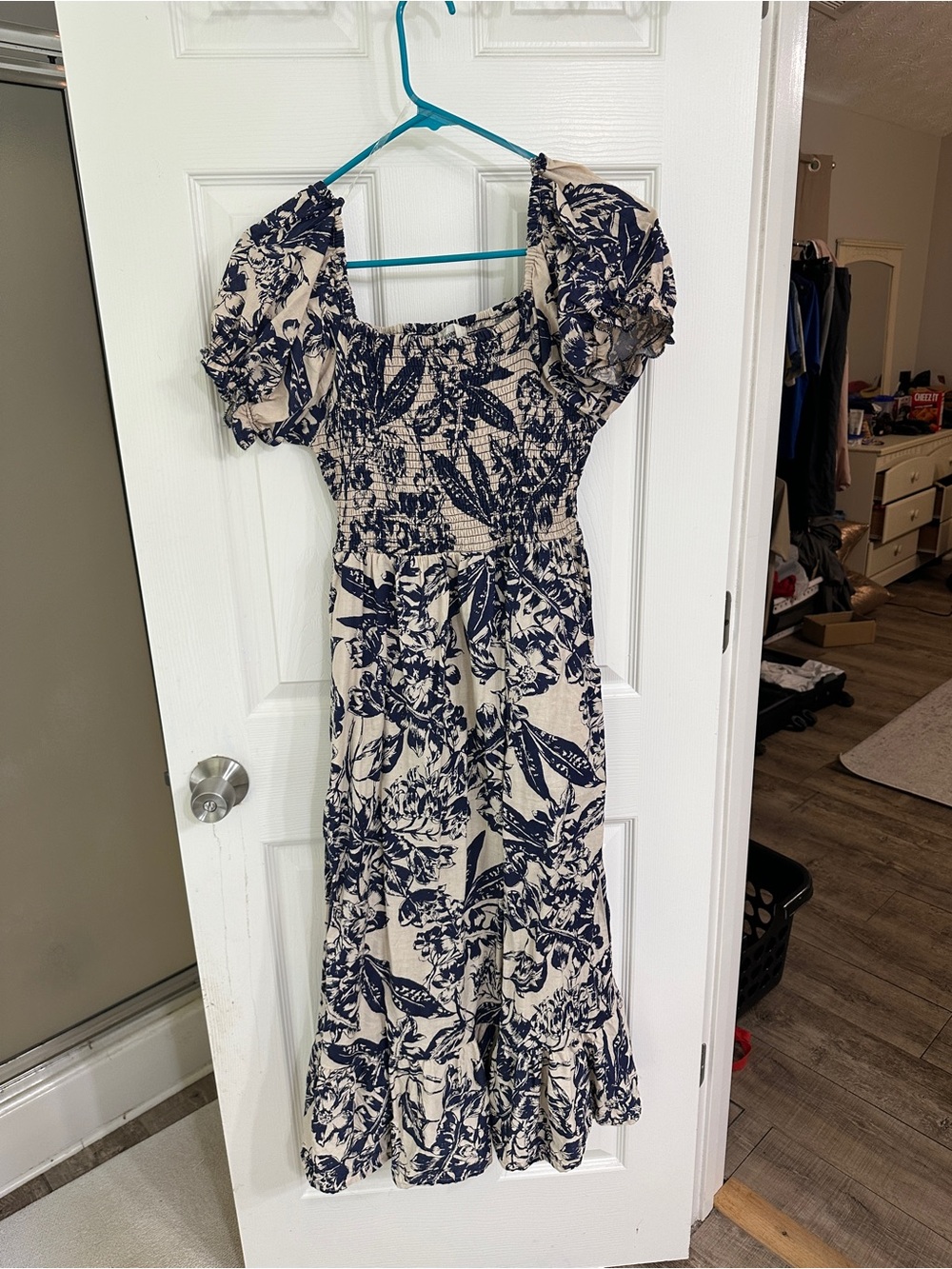 Smocked Midi Dress in Navy Floral on Cream